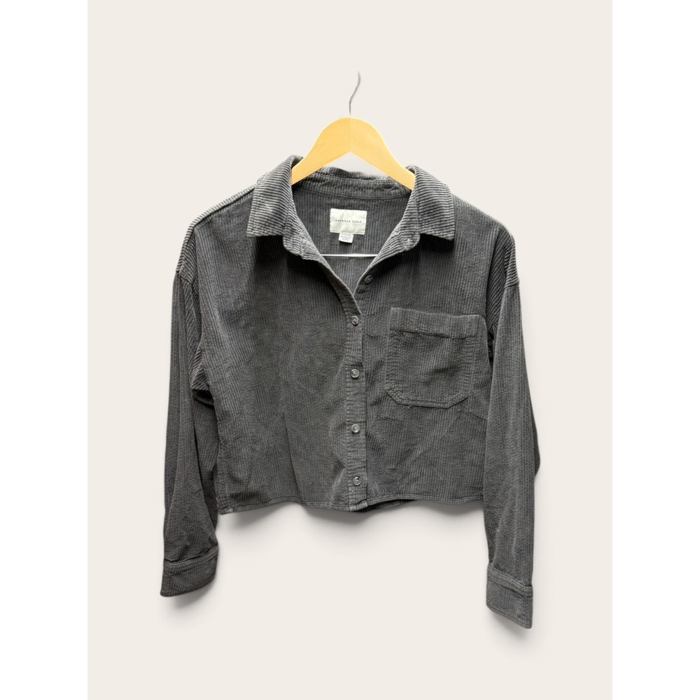 American Eagle Grey Corduroy Cropped Button Down Shirt Womens XS 100% Cotton